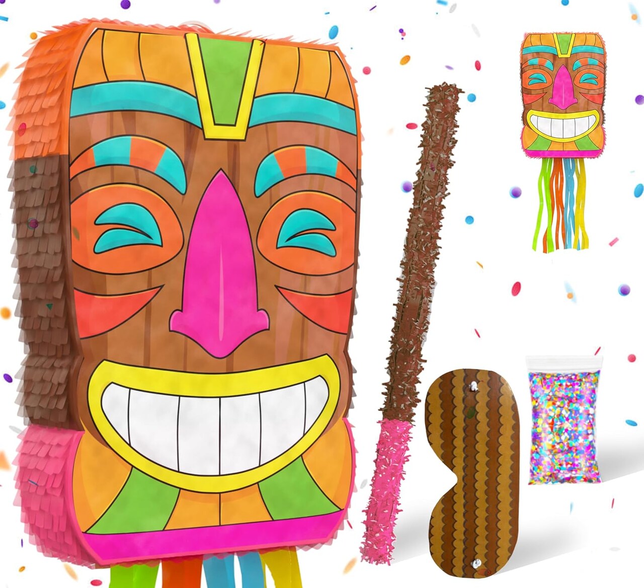 Tiki Piñata Mask Luau Party Decorations Small 4-piece Set, Great for Tropical Birthday Pool Parties Decoration